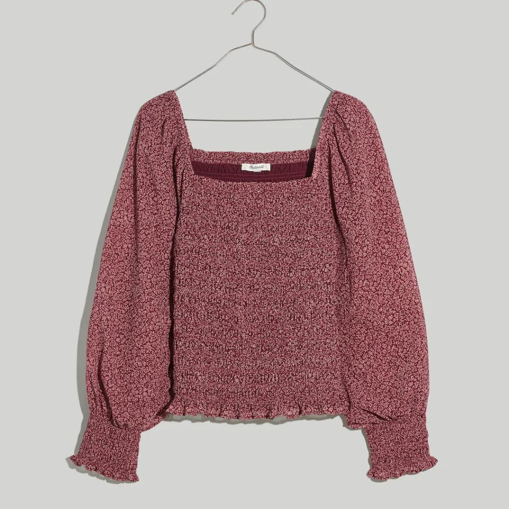 Madewell Lucie Bubble-Sleeve Smocked Top in Cottage Garden Vintage Mulberry XS